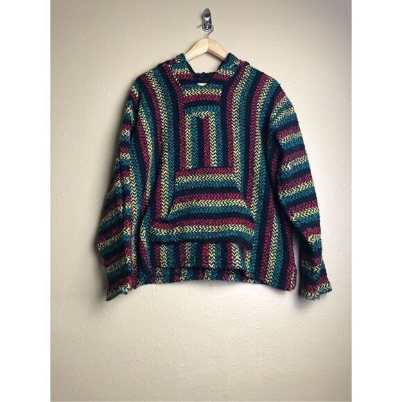 BAJA JOE Striped Hippie Boho Rasta Poncho Hoodie Size S Black Green,Red - Picture 1 of 15